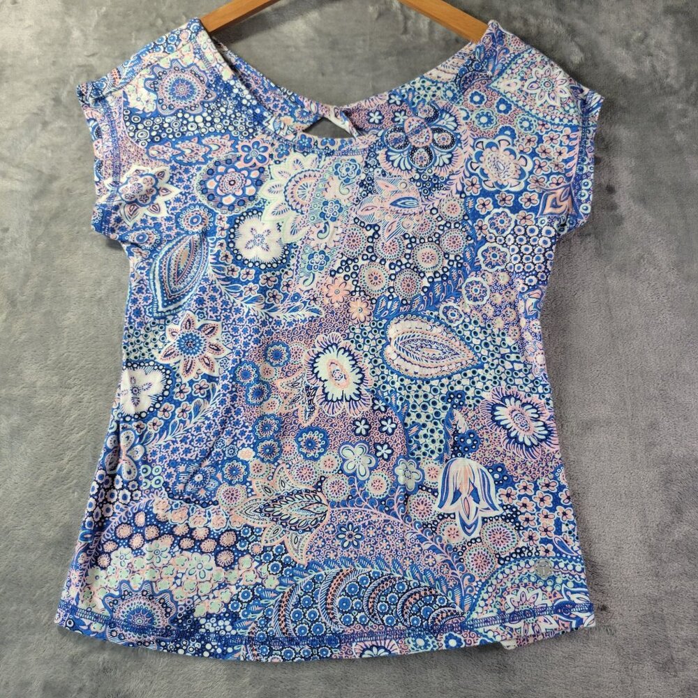 Talbots Womens Paisley Print Top Sp Blue Pink White Boho Tee Active Twisted Back